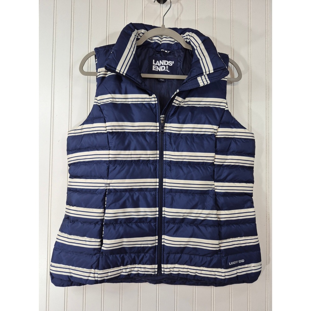 Lands End Womens Navy White Striped Down Puffer Vest Size M 10-12 Nautical Zip
